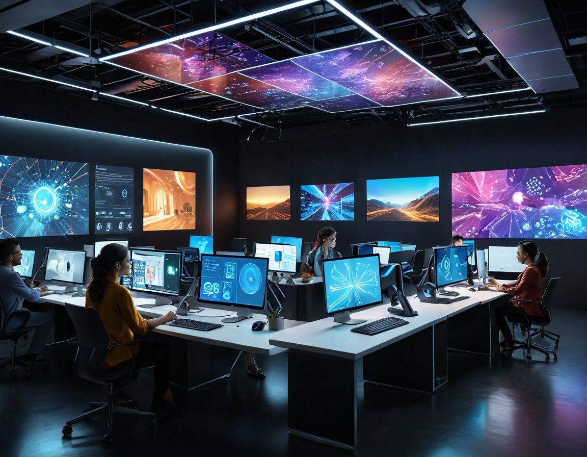 A dynamic, futuristic digital workspace teeming with vibrant holographic interfaces and screens. Show diverse professionals collaborating on immersive digital tools, surrounded by symbols of connectivity like wifi signals and cloud icons. The background should include interconnected nodes representing a vast digital network. super-realistic. vibrant colors. 3D.